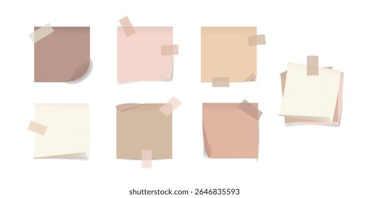 A set of neutral sticky notes in beige and blush tones with soft tape accents. Colored stickers with attached tape