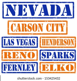 Set of Nevada cities stamps on white background, vector illustration