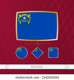 Set of Nevada flags with gold frame for use at sporting events on a burgundy abstract background. Vector collection of flags.