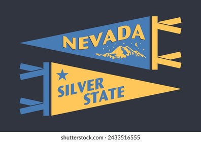 Conjunto de banderines de Nevada. Bandera gráfica retro vintage, banderín, estrella, signo, símbolos de Estados Unidos. Silver State.