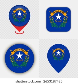 Set of Nevada State Flag Icons and Map Pins.