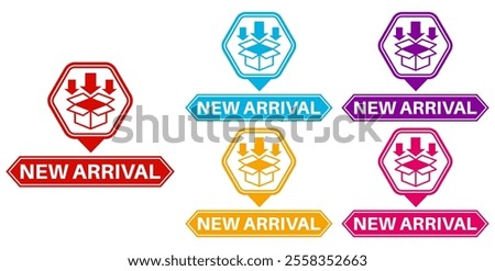 set new arrival icon. New collections advertising banner sign sticker social media label template design vector illustration