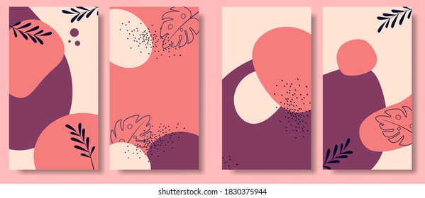 a set of new Backgrounds for social networks with modern colors. Stylish gentle pink colors with leaves.