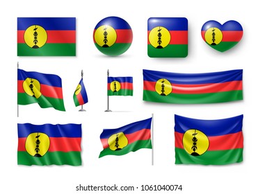 Set New Caledonia realistic flags, banners, banners, symbols, icon. Vector illustration of collection of national symbols on various objects and state signs