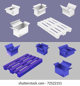 set of new cardboard boxes and wood pallets. vector illustration