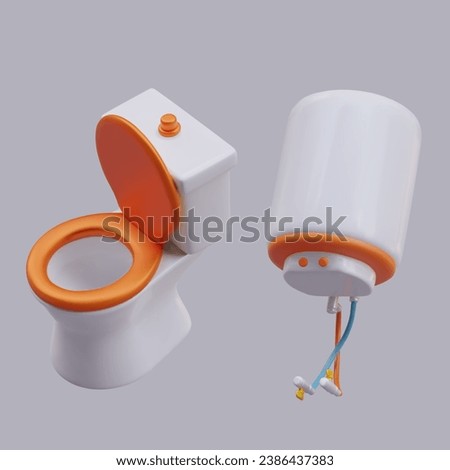 Set of new ceramic toilet and boiler with orange elements. Luxury toilet with gold lid. 3d home concept. Vector illustration in 3d style with gray background