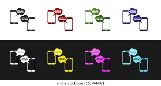 Set New chat messages notification on phone icon isolated on black and white background. Smartphone chatting sms messages speech bubbles.  Vector Illustration