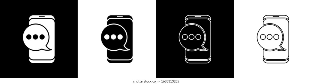 Set New chat messages notification on phone icon isolated on black and white background. Smartphone chatting sms messages speech bubbles.  Vector Illustration