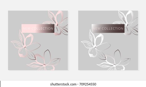 Set of New Collection headers. Hand drawn floral cards.  Artistic texture for invitations, flyers, posters, brochures, banners, cards, covers, web, social media, wedding, postcards