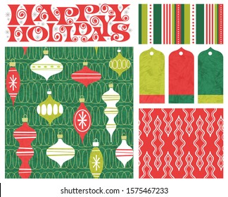 Set of new coordinating holiday seamless patterns, gift tags and design elements for gift wrap, cards and decoration. Simple flat retro style for Christmas and New Years. Vector illustration.