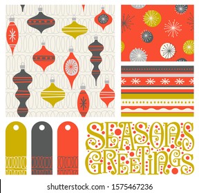 Set of new coordinating holiday seamless patterns, gift tags and design elements for gift wrap, cards and decoration. Simple flat retro style for Christmas and New Years. Vector illustration.