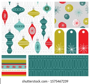 Set of new coordinating holiday seamless patterns, gift tags and design elements for gift wrap, cards and decoration. Simple flat retro style for Christmas and New Years. Vector illustration.