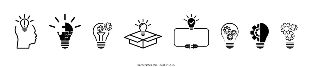 Set of new creative idea vector icons. Innovation solution. Lightbulb and cog. Lightbulb with head. Opening box.