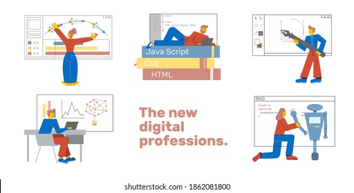 Set of the new digital it proffesions. Coding, animation, designe, web, big data, robotics courses school. Concept of young people learn new proffesions. Vector flat illustrations isolated on white.