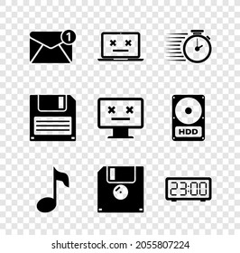 Set New, email incoming message, Dead laptop, Stopwatch, Music note, tone, Floppy disk and Digital alarm clock icon. Vector