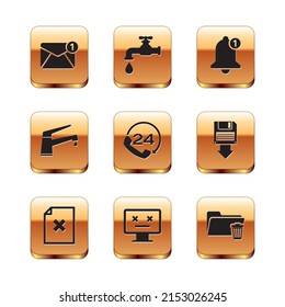 Set New, email incoming message, Delete file document, Dead monitor, Telephone 24 hours support, Water tap and Bell icon. Vector