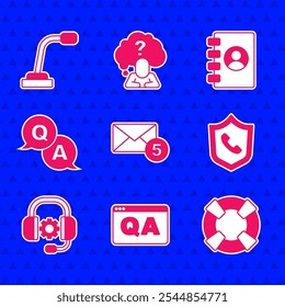 Set New, email incoming message, Question and Answer, Lifebuoy, Telephone 24 hours support, Headphones, Address book and Microphone icon. Vector