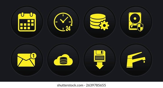 Set New, email incoming message, Hard disk drive HDD protection, Cloud database, Floppy backup, Setting server and Clock 24 hours icon. Vector