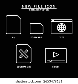Conjunto de nueva Ilustración vectorial de línea de icono de archivo. aislado sobre fondo negro