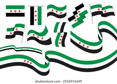 Set of new Flag of Syrian Arab Republic, symbol of Syria, wavy ribbon with Syrian national flag, Freedom for Syria. 8th December, national day, Vector illustration.