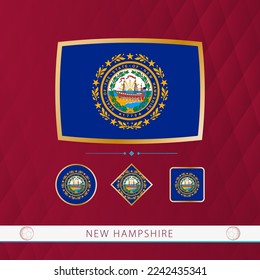 Set of New Hampshire flags with gold frame for use at sporting events on a burgundy abstract background. Vector collection of flags.