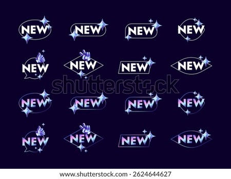 set of new icon tags labels with thin line, modern trendy light 3d hologram, holo, futuristic decoration icon sign with sparkle