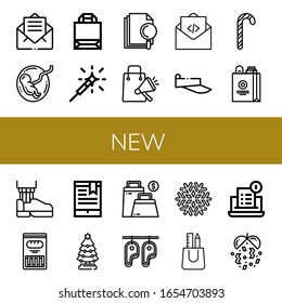 Set of new icons. Such as Email, Fetus, Paper bag, Sparkler, File, Shopping bag, Mail, Visor, Candy canes, Leather shoe, Cracker, Bookmark, Christmas tree, Bag, Steak , new icons