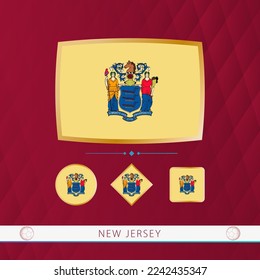 Set of New Jersey flags with gold frame for use at sporting events on a burgundy abstract background. Vector collection of flags.