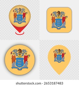 Conjunto de ícones da bandeira do estado de Nova Jersey e pinos do mapa.