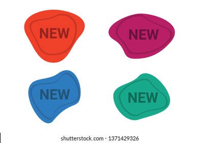 Set of "new" labels in orange, green, blue and pink colors. Modern, trendy, organic, curvy geometric shape tags for advertisements, brochures and websites.