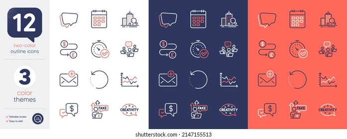 Set of New mail, Calendar and Diagram chart line icons. Include Recovery data, Fake internet, Money transfer icons. Teamwork, Inspect, Speech bubble web elements. Fast verification . Vector