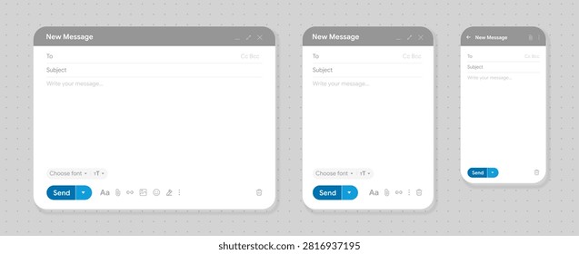 Set of new mail message user interface screen with responsive desktop, tablet and smartphone compose windows template for web application. Empty email window mockup vector