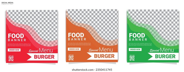  Set New Menu Food plantilla de postdiseño de medios sociales. Adecuado para publicaciones en medios sociales, historias en instagram y anuncios web. Ilustración vectorial con espacio para agregar imágenes.