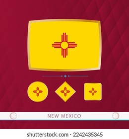 Set of New Mexico flags with gold frame for use at sporting events on a burgundy abstract background. Vector collection of flags.