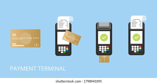 Conjunto de nuevas aplicaciones de banca móvil e ilustraciones vectoriales de pagos electrónicos. Pago sin contacto por tarjeta de crédito o smartphone NFC a través de terminal POS. Método de pago. Adquiriendo el pago. Comprando por smartphone.