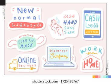 Set of New normal lifestyle lettering stickers. Vector illustration for web, print, scrapbook, card,ect. Health care. Global viral pandemic. Coronavirus COVID-19