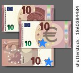 Set of new paper money in the style of the European Union. Red 10 euro banknote with architectural arch and bridge. EPS10