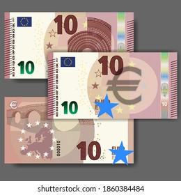 Set of new paper money in the style of the European Union. Red 10 euro banknote with architectural arch and bridge. EPS10