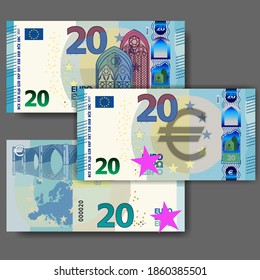 Set of new paper money in the style of the European Union. Blue 20 euro banknote with stained glass windows and bridge. EPS10