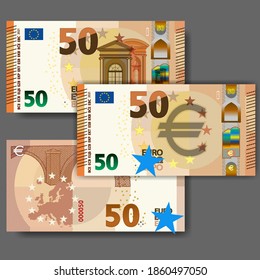 Set of new paper money in the style of the European Union. Orange 50 euro banknote with arched window and bridge. EPS10