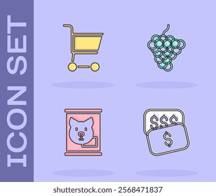 Set New price tag dollar, Shopping cart, Canned food and Grape fruit icon. Vector