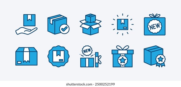 Set des neuen Produktsymbols. Enthaltend Paket, Paket, Paket, Geschenk, Lieferkarton, Empfehlung, Top-Verkäufer, offene Versandbox oder Unboxing, Karton-Boxen, Marke. Vektorgrafik