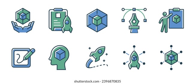 set of new project startup build creative innovation icon vector business creative product idea hexagon, rocket, curve pen, model concept visual symbol collection illustration design for web and app