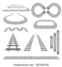 Set of new railroad curves, perspectives, turns, twists, circles and elements, vector illustration of rail transport path motives isolated on white. Simple modern railroad vector collection.