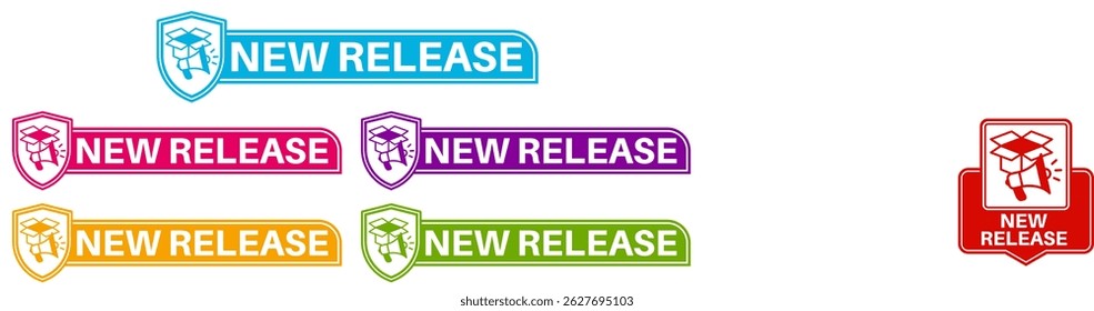 Symbol für neue Freigabekennzeichen festlegen. neue ankunft symbol neue update design sticker vorlage vektor grafik