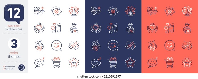 Set of New star, Santa boots and Hot offer line icons. Include Piggy sale, Delivery discount, Yummy smile icons. Fireworks stars, Airplane travel, Sleep web elements. Hold heart. Vector