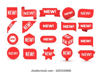 Set of new sticker. Badges with word new. Red promotion labels for arrivals shop section. Flat style cartoon. Vector illustration. Isolated on white background