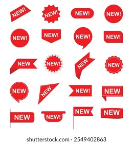 conjunto de novo adesivo. adesivos para etiquetas de produto nova loja de chegada. vermelho novo adesivos sign.Eps 10