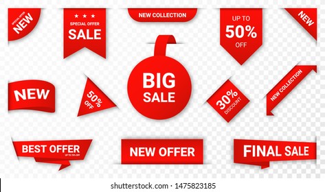 Set of new stickers, sale tags and labels. Shopping stickers and badges for merchandise and promotion, special offer, new collection, discount etc. Red stickers for web banners with transparent shadow