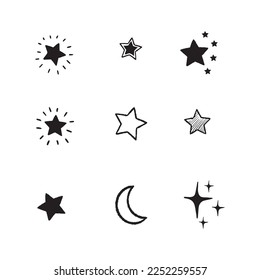 Set of new style black vector star isolated on white. Vector symbols star isolated on white background. Star icons. Twinkling stars. Sparkles, shining. 